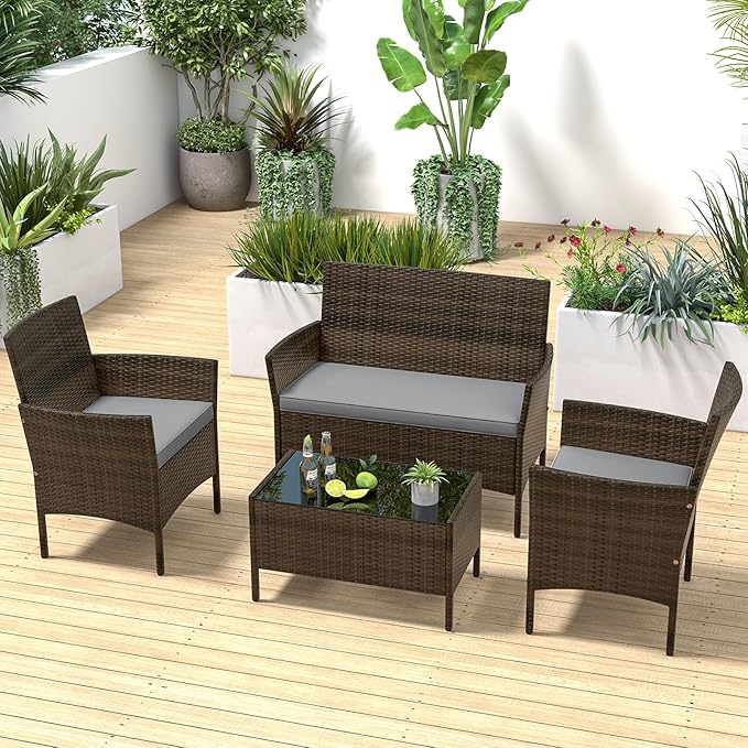 RELAX4LIFE 4-Piece Patio Furniture Set - Rattan Outdoor Conversation Bistro Set w/Cushions, Glass Coffee Table, Wicker Chairs & Loveseat for Garden Backyard Porch, Balcony Furniture Set (1, Grey)