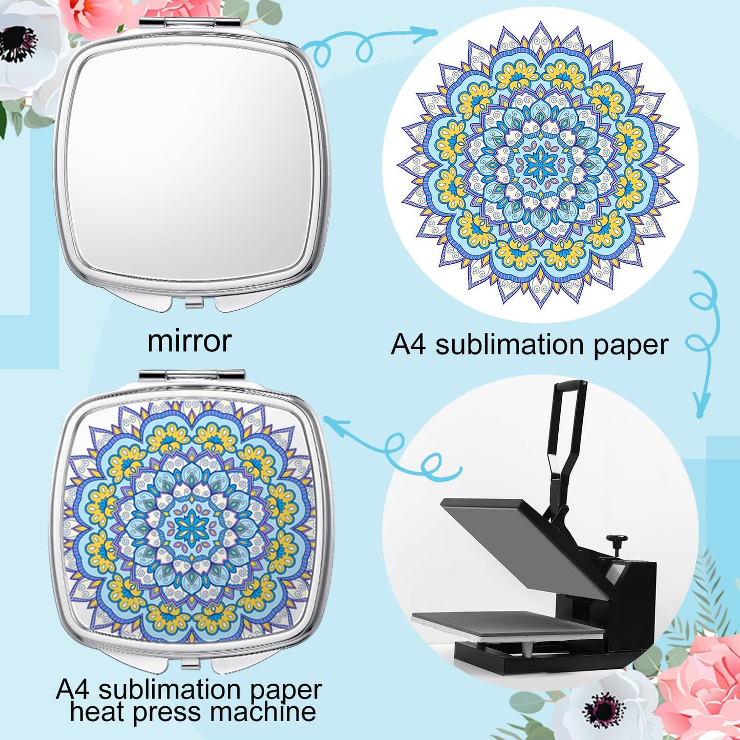 Jetec 12 Pcs Sublimation Blanks Products Small Compact Mirror Bulk Heat Transfer Folding Pocket Makeup Mirror Heart Round Square