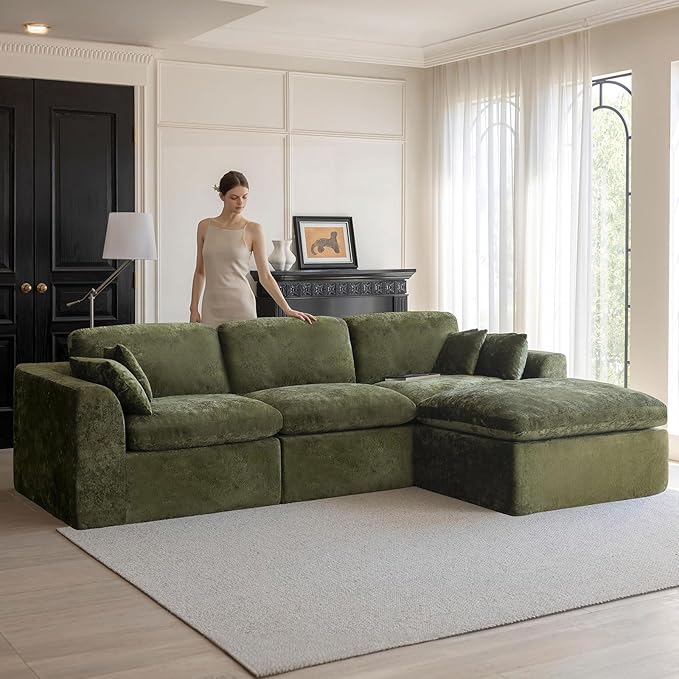115''Cloud Sectional Couch, Modern L-Shape Sofa with Ottoman, Oversized Convertible 3 Seater Modular Couches for Living Room, Forest Green