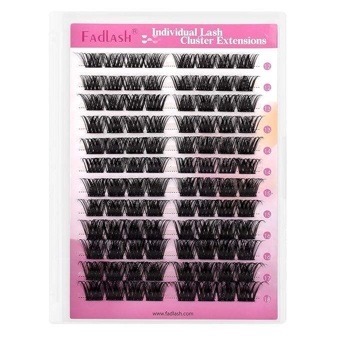 FADLASH Lash Clusters Individual Lashes 12-18mm Large Tray Cluster Lashes D Curl Mixed Length Eyelash Clusters Reusable DIY Lash Extensions (F2-07D-12-18mm)