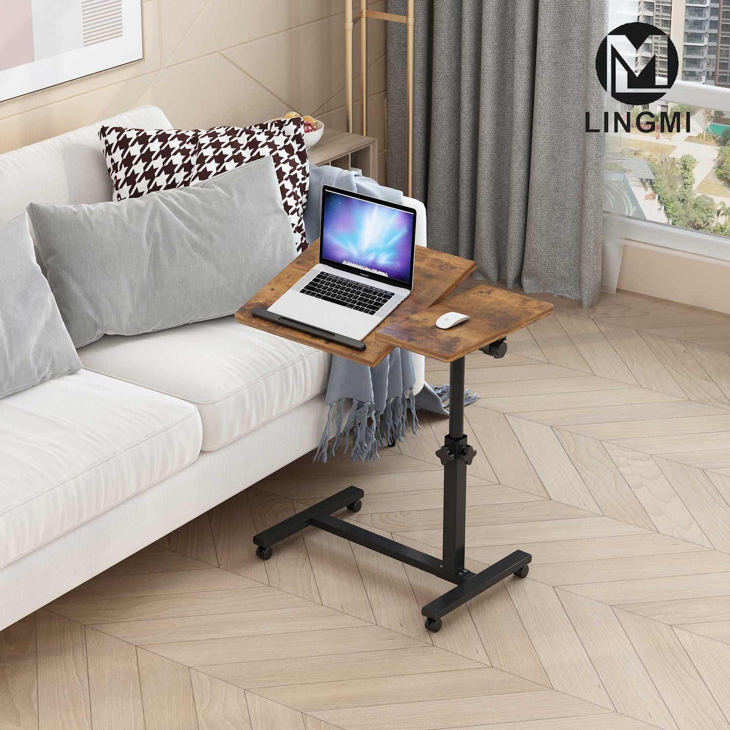 LINGMI Overbed Bedside Desk Mobile Rolling Laptop Stand Tilting Overbed Table with Wheels Height Adjustable Tray Table for Laptop Bed Sofa Side Table