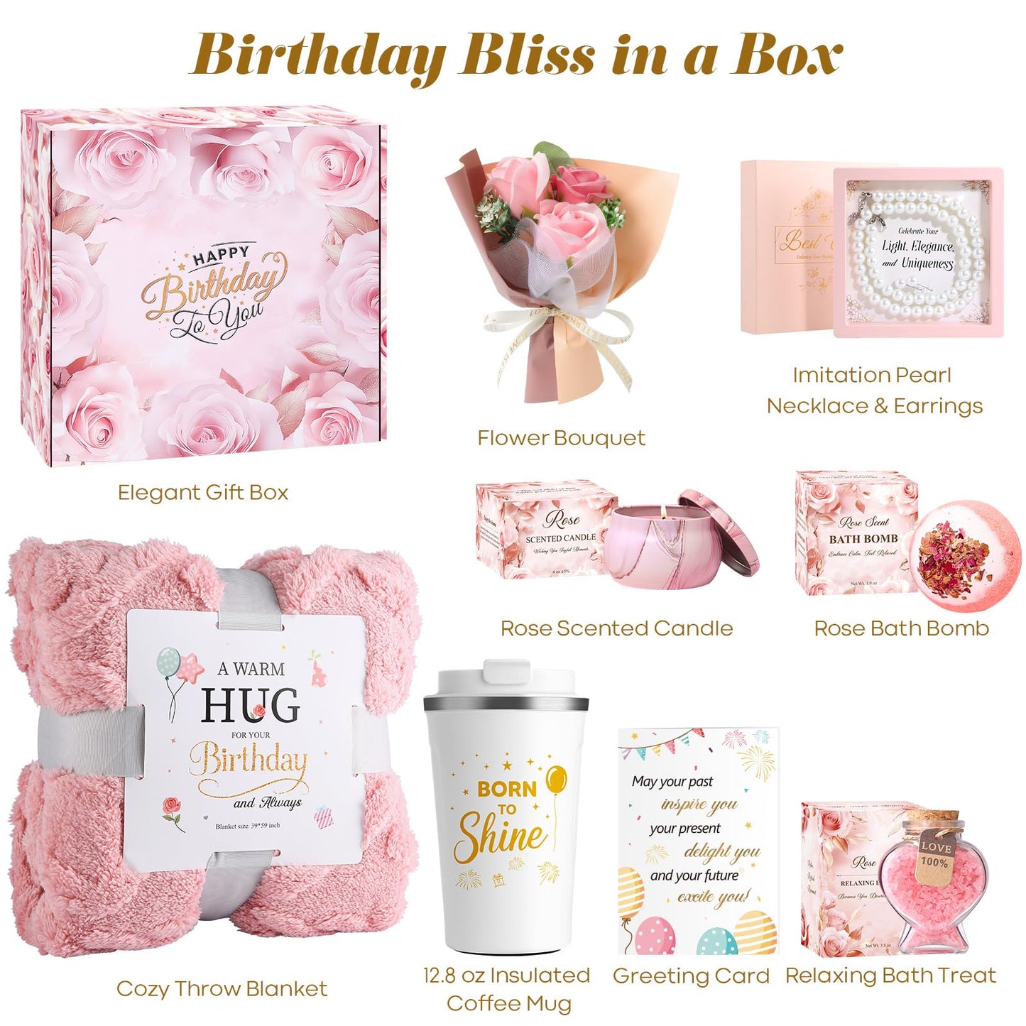 Birthday Gifts for Women, Unique Birthday Gift Basket for Women, Thoughtful and Relaxing Birthday Gifts for Mom, Wife, Sister, Best Friend, Her Self Care Box, Luxury Gift Set (Pink)