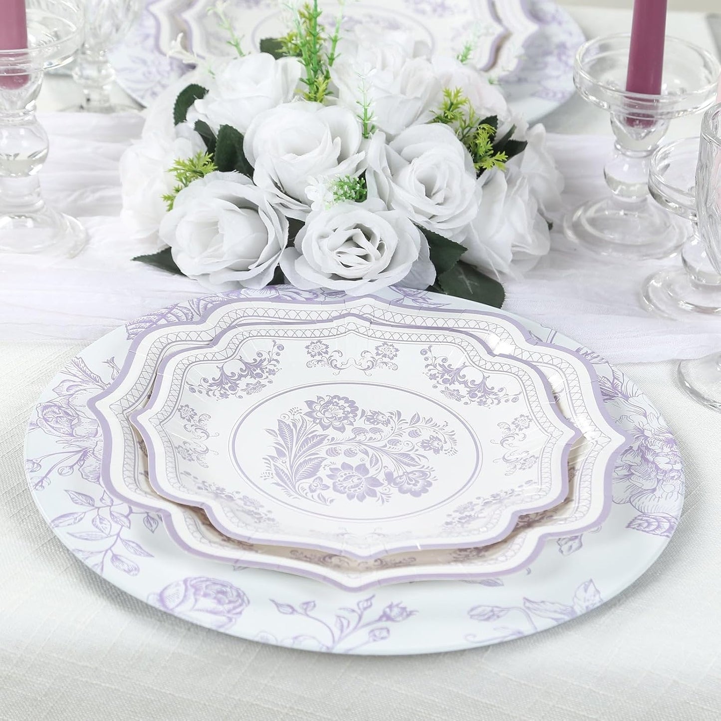 Efavormart 6 Pack Floral Acrylic Charger Plates in French Toile Pattern, Matte Lavender and White Round Dinner Charger Event Tabletop Decor - 13"