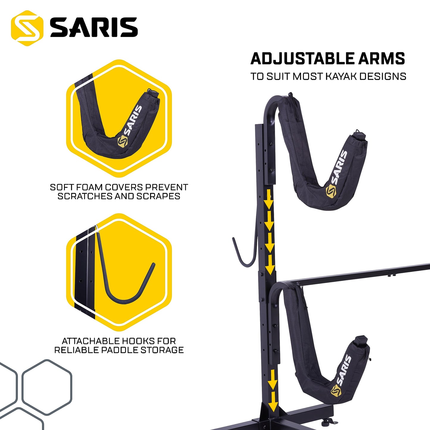 Saris Kayak Storage Rack, Heavy Duty Freestanding Storage for Two-Kayak, SUP, Canoe & Paddleboard for Indoor, Outdoor, Garage, Shed, or Dock, Adjustable Levels