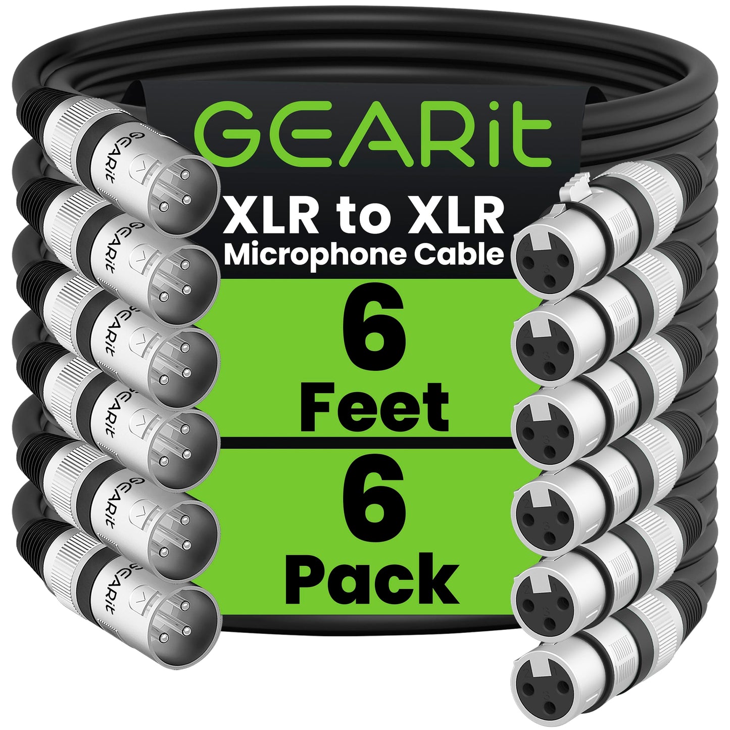 GEARit XLR Male to Female Microphone Cable (6 Feet, 6-Pack) 3-Pin Balanced Shielded Mixer, Recording Studio, Podcast - Black