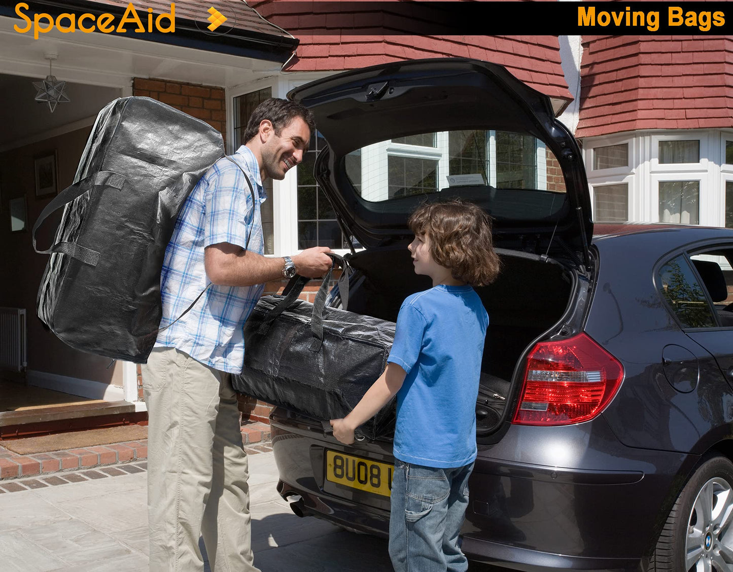 SpaceAid Heavy Duty Moving Bags 8 Pack, Large Storage Totes Bins with Backpack Straps, Strong Handles & Zippers, Packing Moving Boxes Supplies, College Dorm Room Essentials, Black