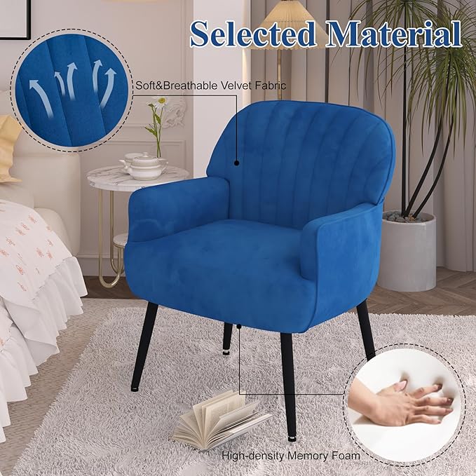 Holiway Velvet Accent Chair, Upholstered Modern Leisure Single Sofa Side Living Room Chair, Comfy Tufted Back Armchair with Metal Legs for Waiting Room/Bedroom/Office/Reading Room, Blue