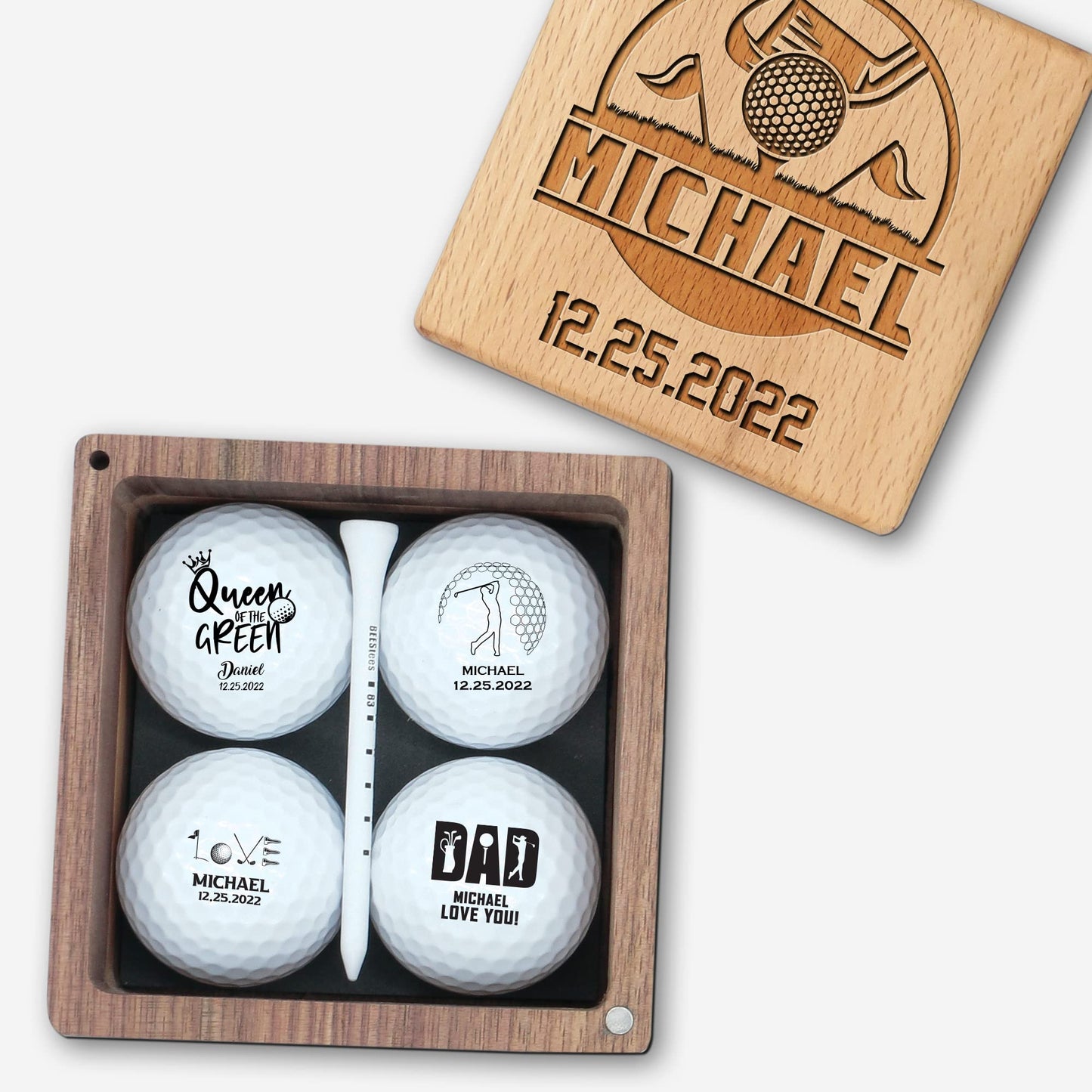 Gladsico Personalized Golf Gift for Golfer - Custom Set with Nice Balls and Luxury Wooden Box Unique Ideas Him, Her, Lover, Coach, Boss, Couple on Anniversary, Birthday, Retirement