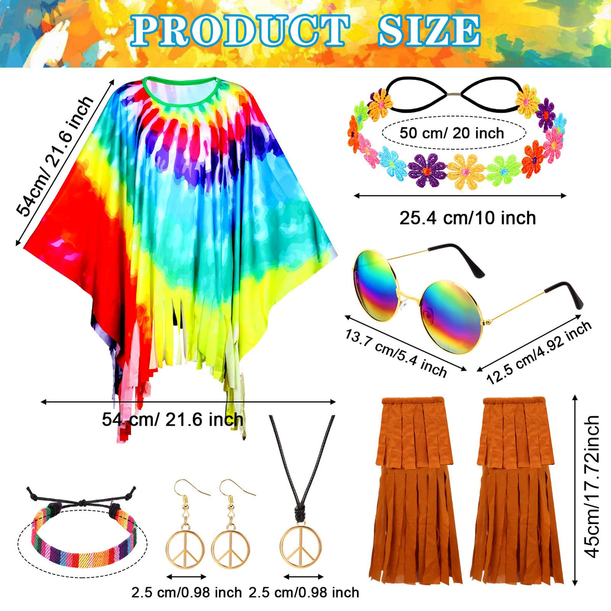 Hicarer 7 Pcs 60s 70s Hippie Costume Accessories Set Women Tie Dye Poncho Tassel Fringe Boot Covers Headband Bracelet Sunglasses Peace Sign Earring Necklace Outfits for Halloween (Hicarer-CKJO013)