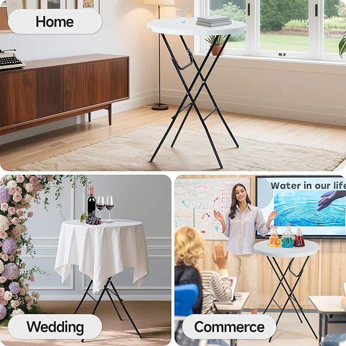 Winlice 32'' Round Folding Table, HDPE Portable Bar Height Table with Removable Legs for Indoor Outdoor Wedding Event, Gathering, Parties, Commercial Events, White