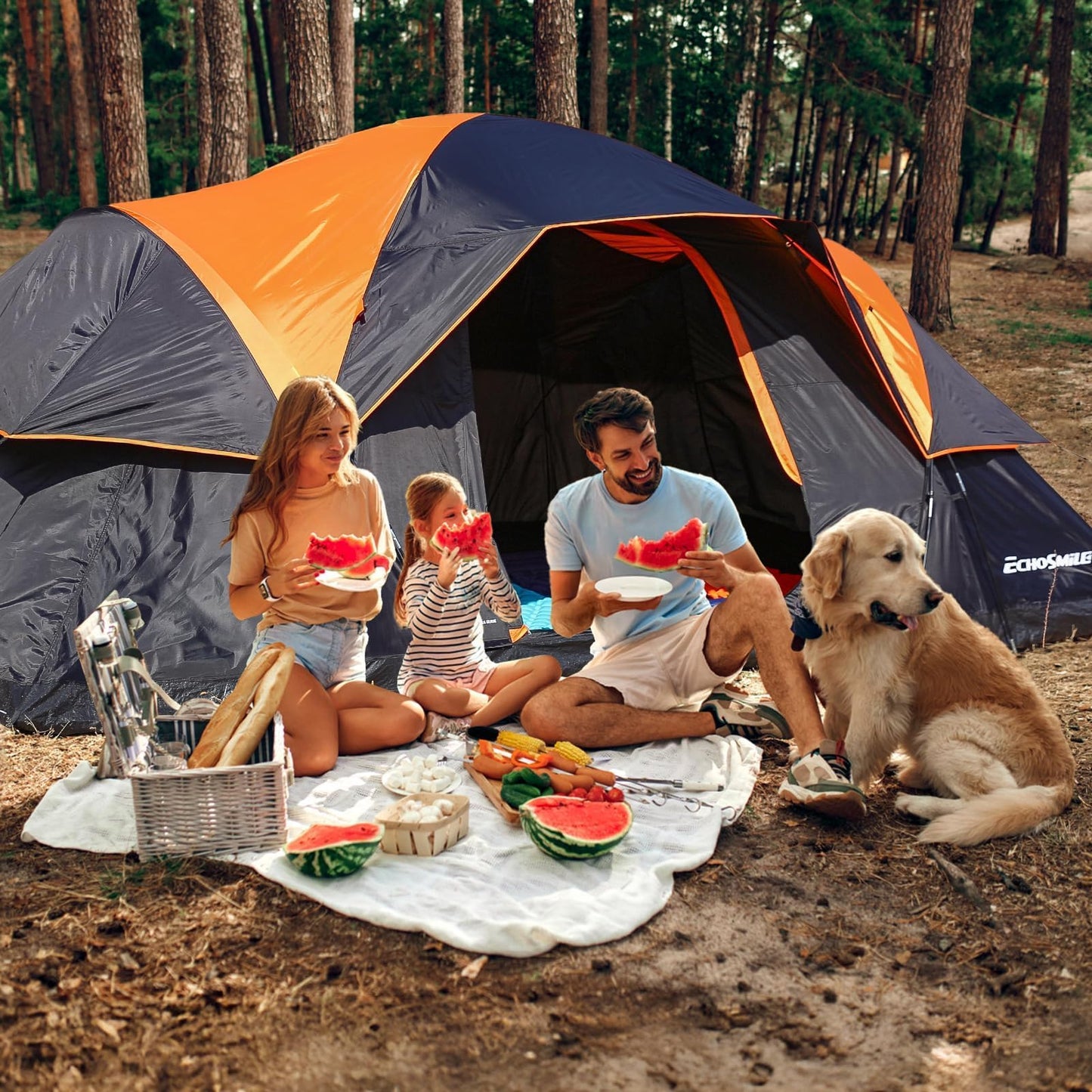EchoSmile 10-12 Person Large Family Camping Tent, Waterproof Windproof Spacious Cabin Tent with Removable Rainfly, Easy Setup 3-Season Outdoor Shelter for Group Trips - Black & Orange