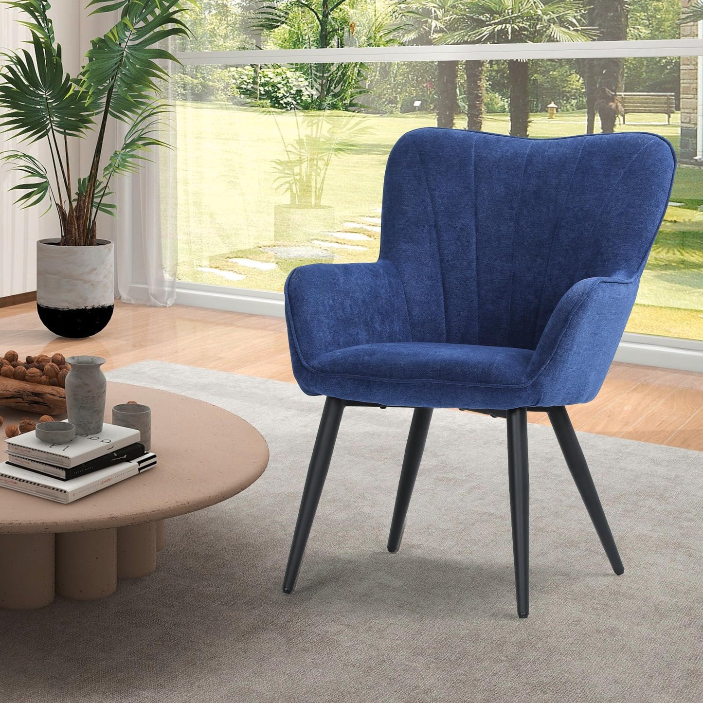 Athena Collection Wingback Accent Chair for Living Room, Upholstered Arm Reading Chair for Adults, Cozy Linen Fabric Armchair with Metal Legs for Bedroom, Makeup, Office, Blue