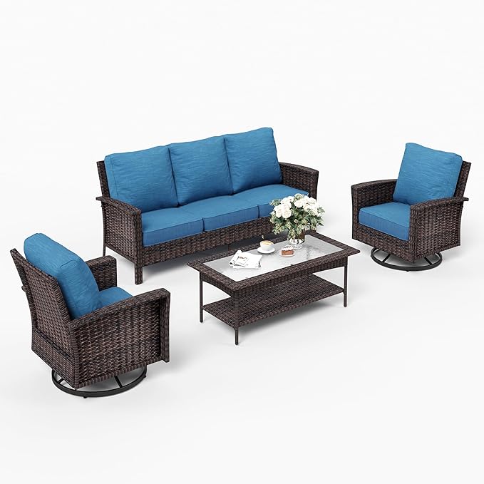 SUNSHINE VALLEY Patio Furniture Set with Swivel Chairs, High Back Wicker Rattan Furniture with 5.5" Thick Cushions and Coffee Table, Outdoor Conversation Set for Backyard Deck,5 Seats, Blue