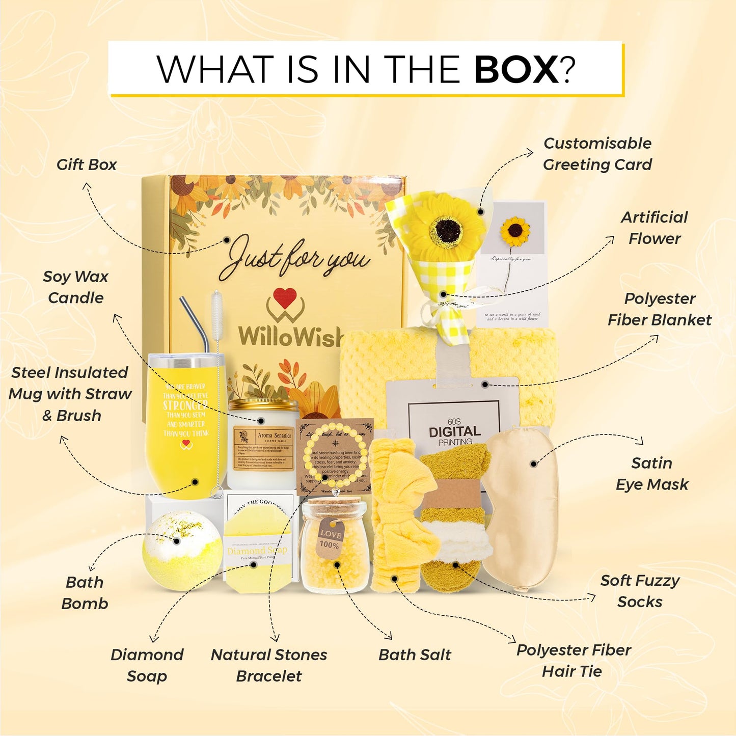 WILLOWISH Sending Sunshine Gift Box For Women - 15 PCs Sunshine Gift Baskets For Women - Get Well Soon Gifts Baskets - Spa Self Care Gift - Thinking Of You Gift Basket