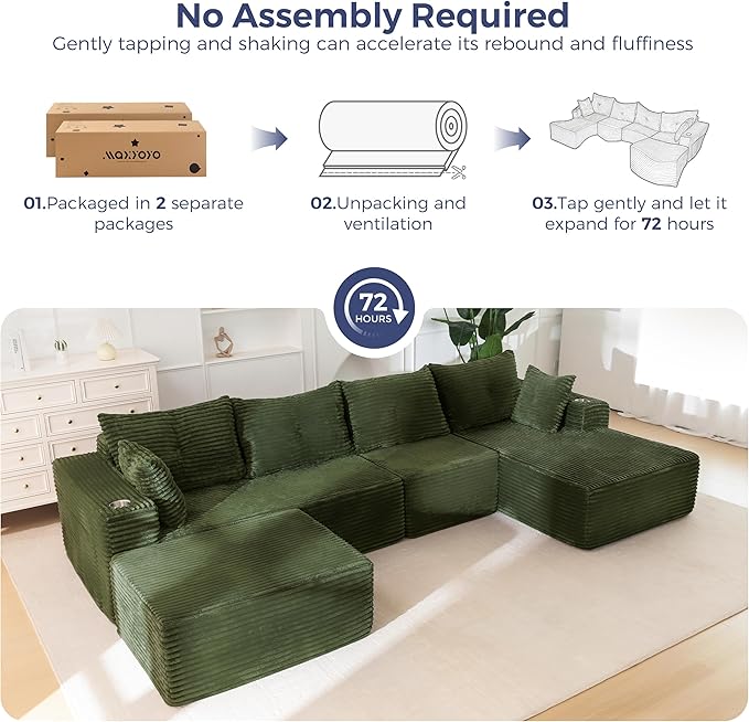 MAXYOYO 132" Giant U-Shaped Modular Sectional Couch, Modern Boneless Couch for Living Room, Sofa in A Box, Oversized Sofa Sleeper with Deep Seat, No Assembly Required, Green