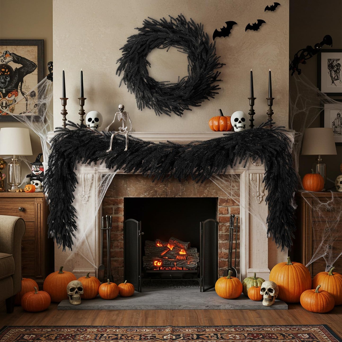 N&T NIETING 5.9FT Halloween Black Artificial Norfolk Pine Garlands Real Touch Pine Garland Faux Garland for Table, Mantle Holiday Fireplace Indoor Outdoor Halloween Decorations