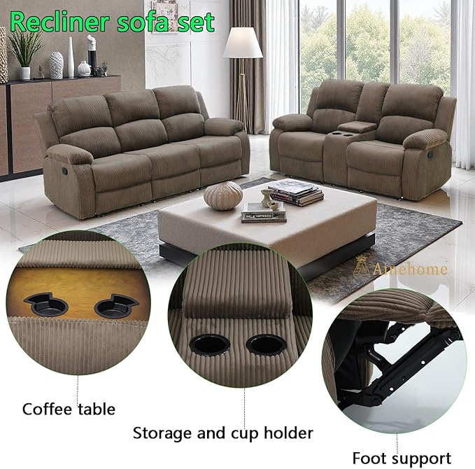 A Ainehome 2 Pieces Living Room Furniture Sets with Storage, Corduroy Sofa Sets Manual Recliner Sofa Set, Reclining Couches and Loveseat Furniture Set for Living Room/Rv/House/Office, Taupe