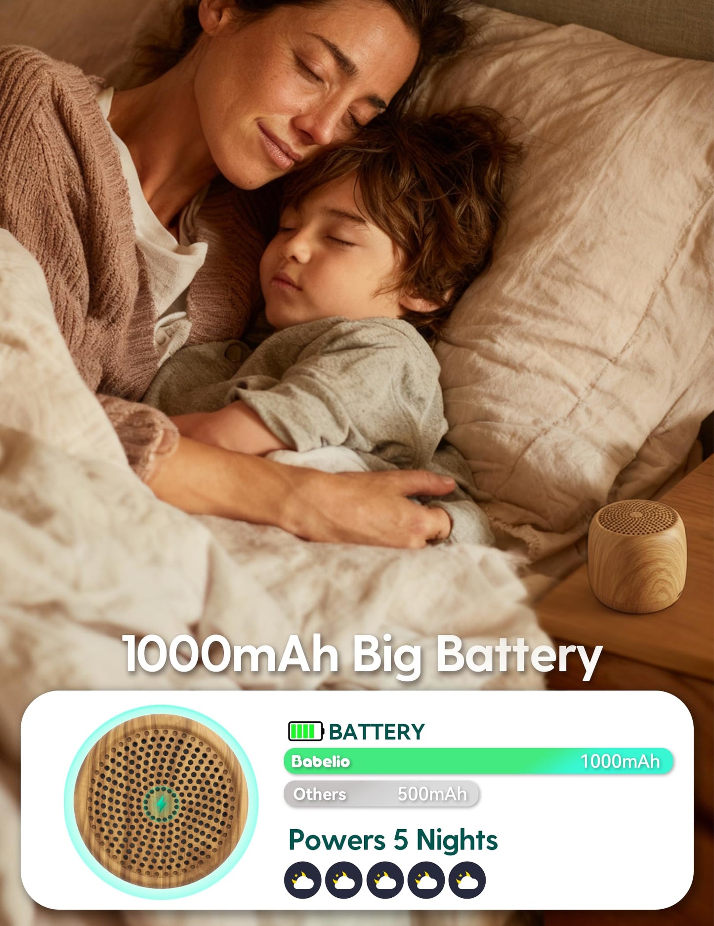 Babelio White Noise Sound Machine (Pocket Mini Pro) | 1000mAh Large Battery, 25 Non-looping Sounds for Adults, Kids & Babies, Timer, Memory Function, Pocket-Sized & Travel Essentials, Wood Grain