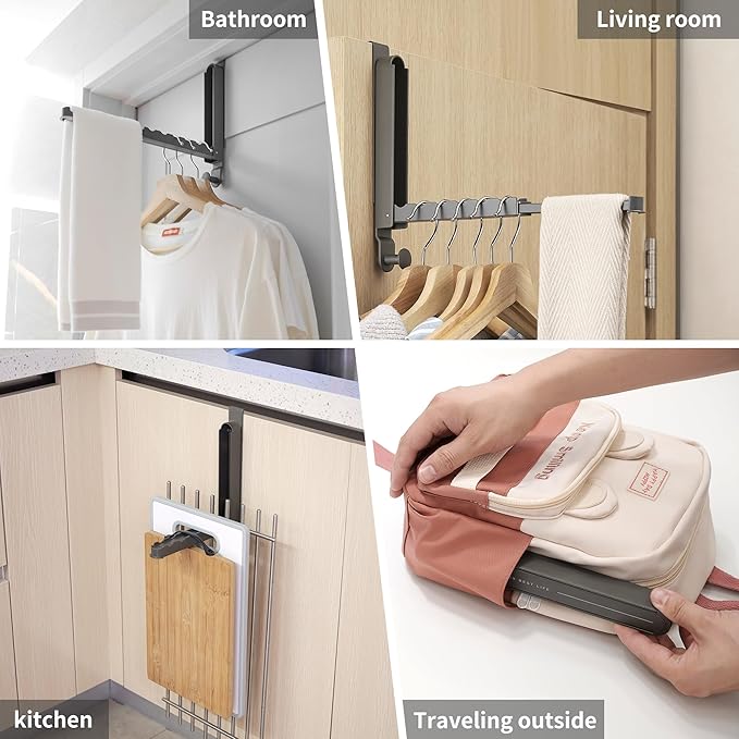 Over The Door Hooks Hanger Fit Door up to 1 3/4" Optimal 1pc,Over The Door Hanger with Retractable Rod,Foldable Over The Door Drying Rack for Laundry Bathroom Bedroom (Space Grey, 1 Pack)
