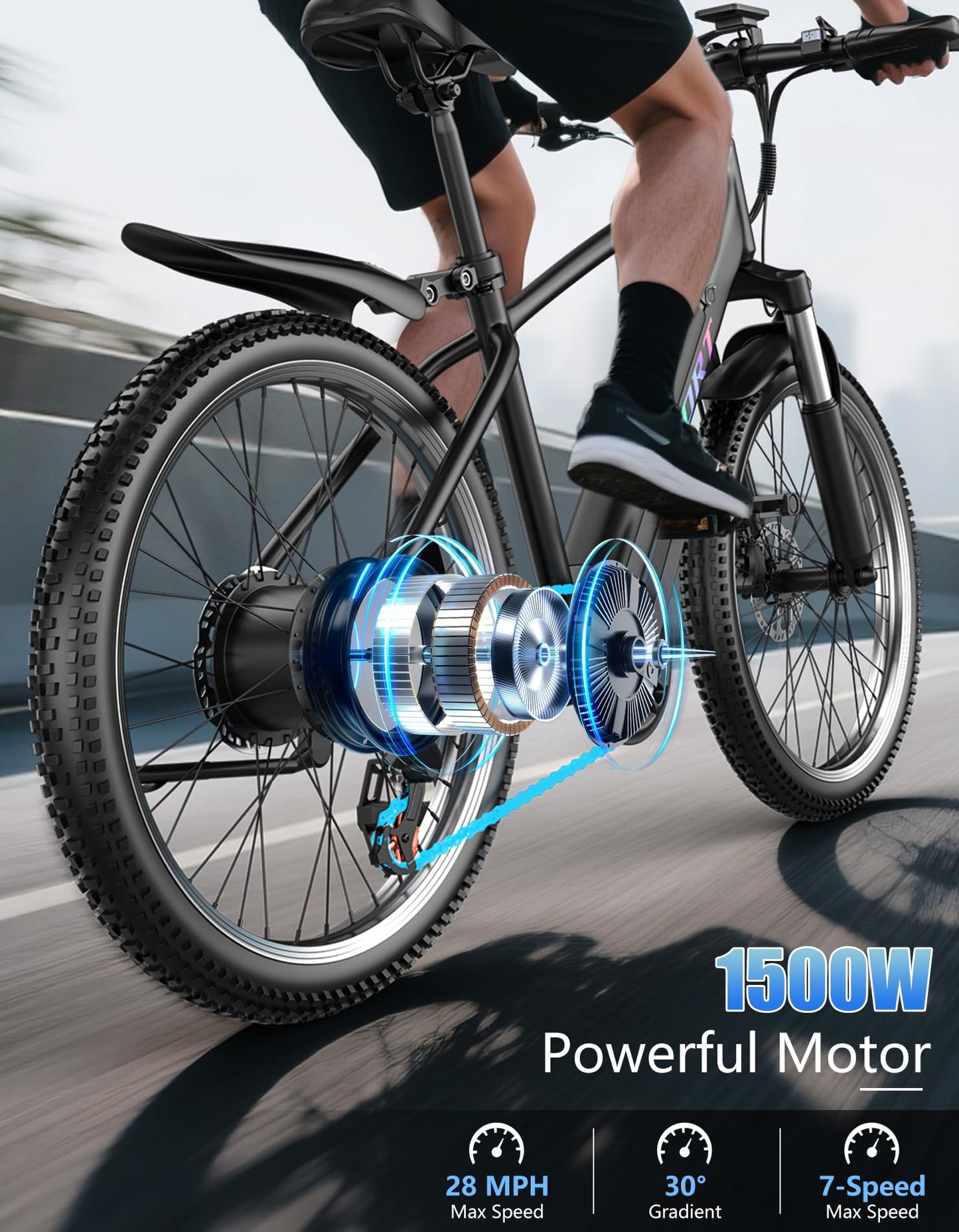 Pikabike Electric Bike for Adults, 1500W Motor Ebike, Max 65Miles 28MPH, 26" Electric Mountain Bike, 480Wh Removable Battery EBike, 7-Speed & Front Suspension, Electric Bicycle for Commute