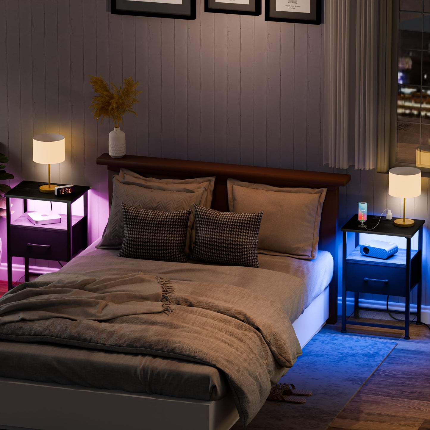 LAKEMID Nightstands Set of 2 with Charging Station and Drawer, End Table Bedside Table with 20 Colors LED Light Strip and 2 Layers Shelf for Bedroom Living Room Sofa Couch (Black)