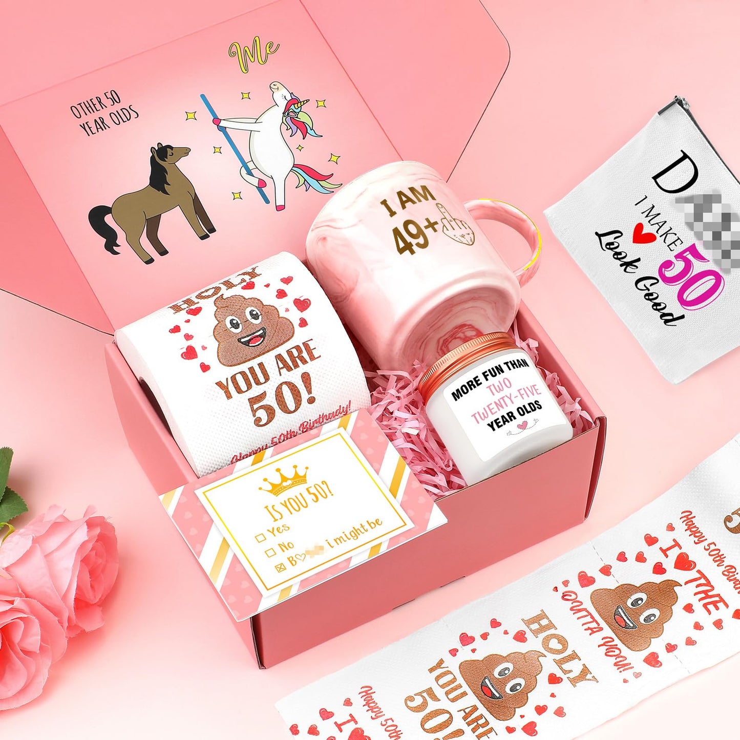 50th Birthday Gifts for Her Funny Happy 50th Birthday Decorations for Women 50 Year Old Gifts for Woman 50 and Fabulous Gift for Woman Sister Mom Best Friend Wife - Coffee Mug Makeup Bag Toilet Paper