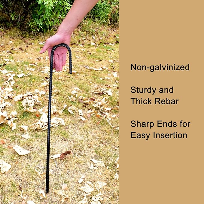 AAGUT Rebar Stakes 36 Inch J Hook Heavy Duty 20 Pack, 1/2 Inch Extra Long Tent Stakes with Chisel Point End, Black Coated Metal Ground Anchors for Garden, Chain Link Fence, Greenhouse, Sculpture