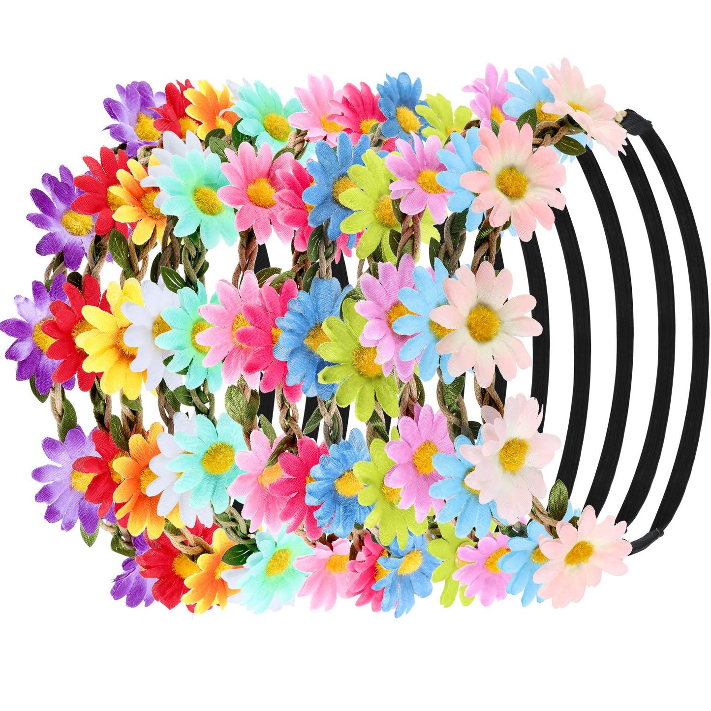 Bememo 24 Pieces Hippie Headband Glass Costume Set 70s 60s Accessories for Women, Includes 12 Flower Headbands Crowns, 12 Round Groovy Sunglasses for Hippie Disco Halloween Party Supplies
