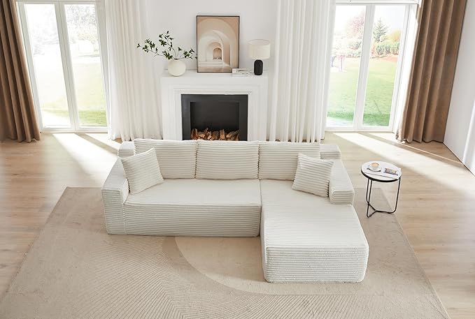 Vanress Cloud Couch Sectional, Corduroy Boneless Couch with L-Shape Chaise, Modern Modular Sectional Sofa Comfy Deep Seat for Living Room, Bedroom, No Assembly (White, Right Facing Chaise)