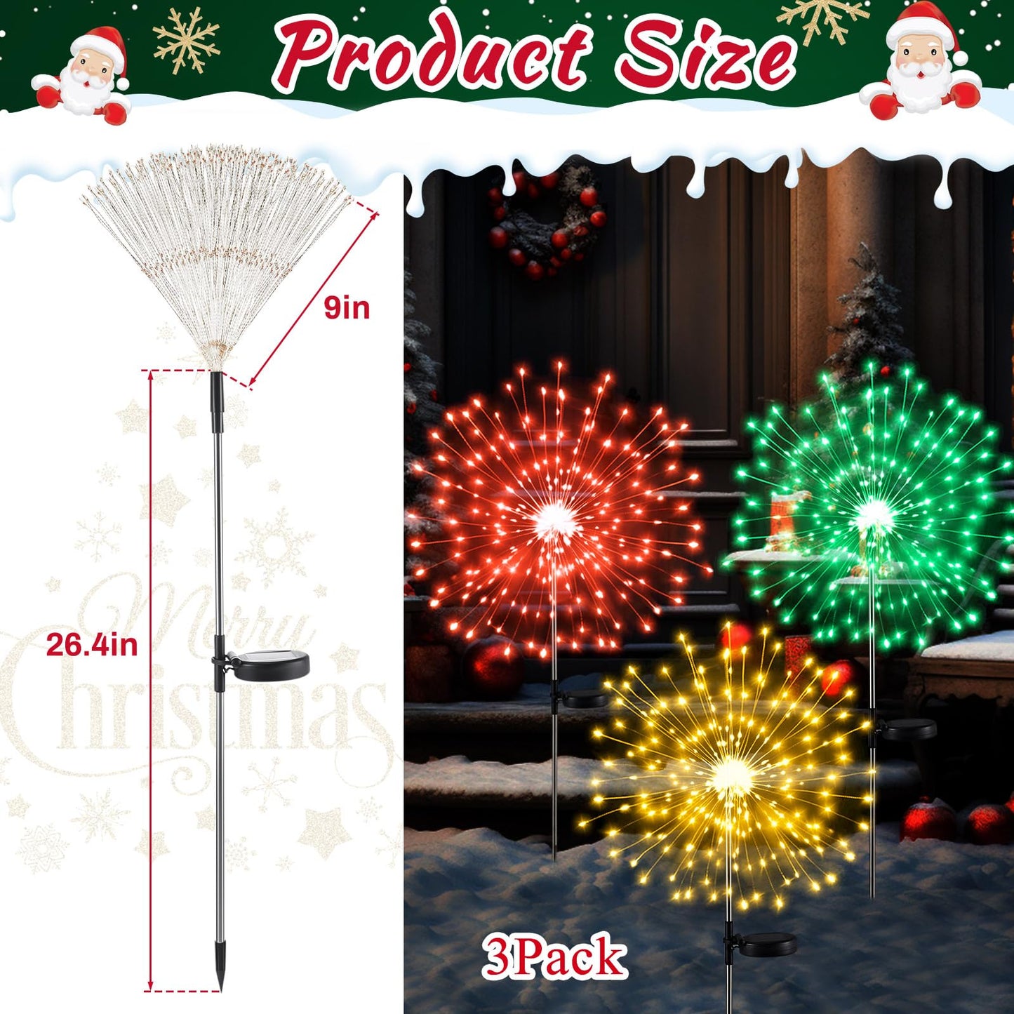 Tujoe 3 Pcs Mardi Gras Solar Firework Lights Solar Lights Outdoor Garden 120 LED 8 Modes Waterproof LED Sparkler Outdoor for Carnival Patio Yard Pathway Walkway (Red,Yellow,Green)