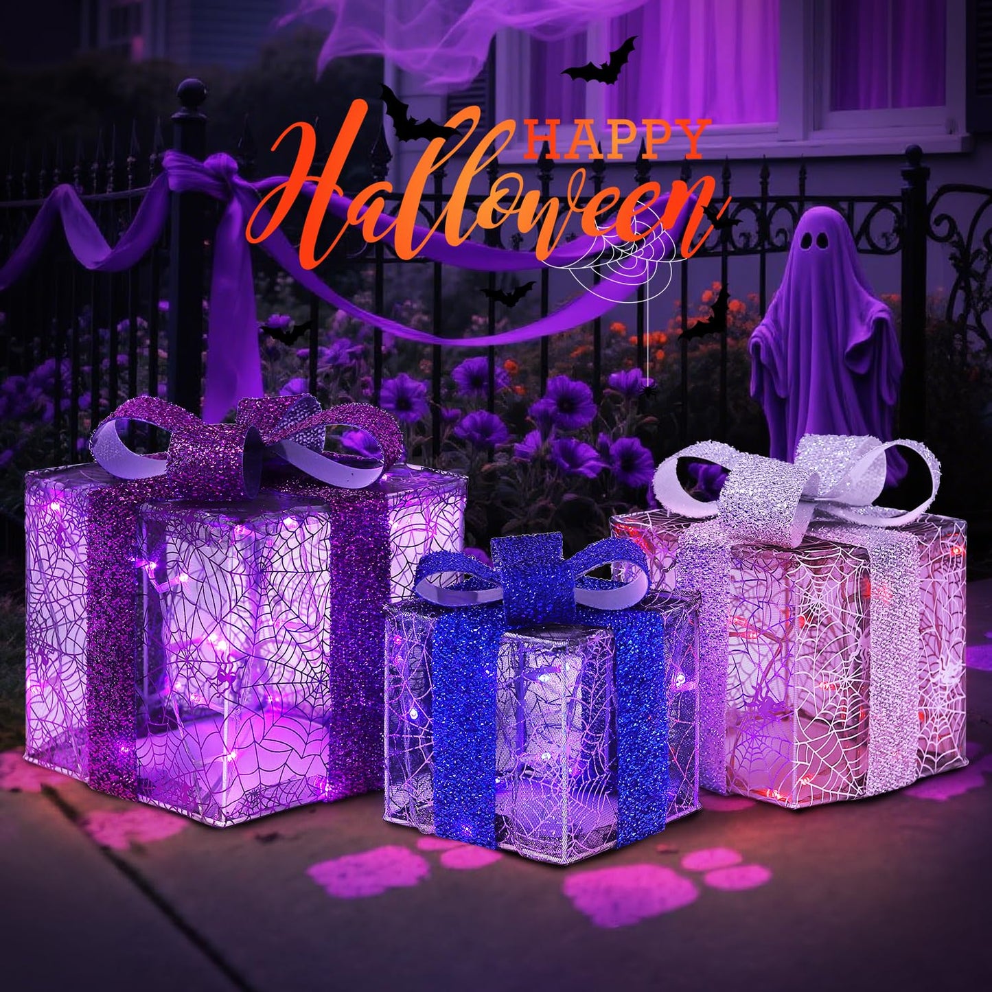 Set of 3 Halloween Lighted Gift Boxes Decorations - 60 LEDs Spider Web Halloween Present Boxes with Creepy Crawler, Warm White Light Home Party Favors for Haunted House