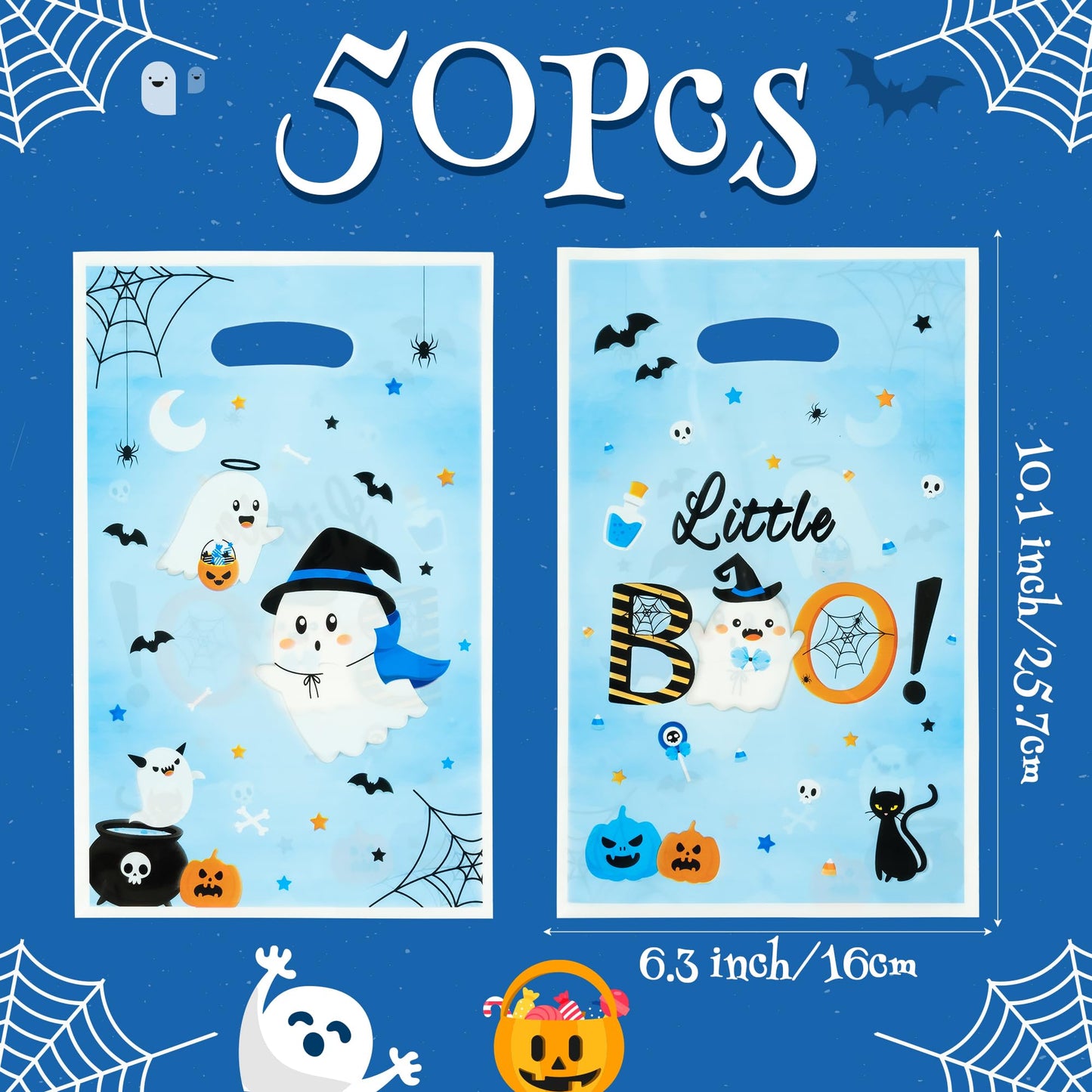 Haooryx Bule Little Boo Favor Bags - 50Pcs Halloween Little Ghost Plastic Gift Bag Birthday Party Gift Warp Goodie Candy Treat Bags for Halloween Party Kids Boy Birthday Baby Shower Party Favor Supply