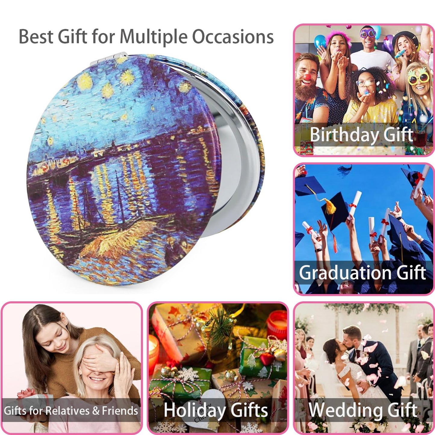 PDOZV Pocket Mirror, 2 Pcs Round 2.8 PU OilPainting Style Double Sided 1X/3X Purse Compact Mirrors (OP02OP03)