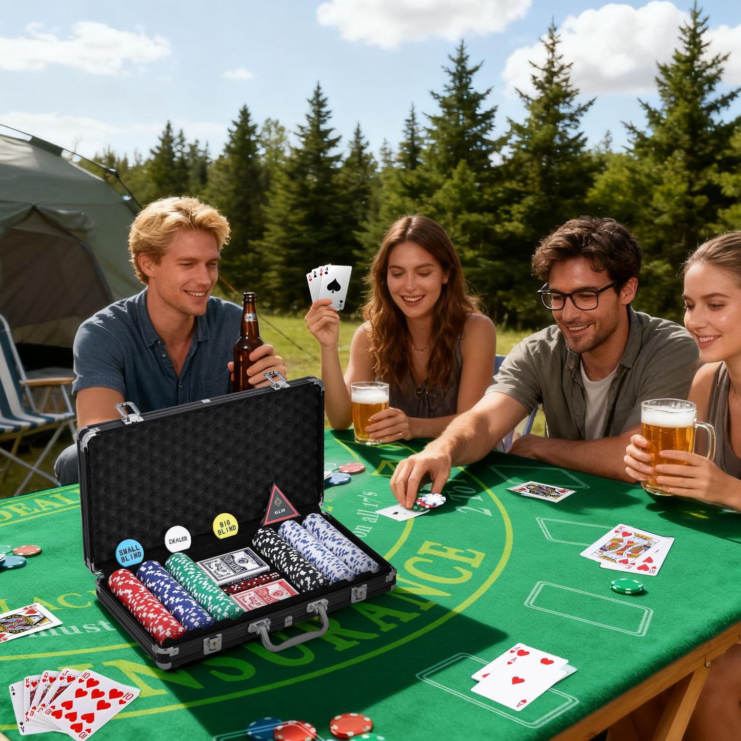 NEWTRY Blackjack Set, Complete Black Jack Set with Card Shuffler, 300pcs Chips, Poker Mat, Card Shoe, Chip Rake, Discard Tray, 8 Playing Cards, Bell, Dice, Cut Cards and 4 Buttons for Party Game Night