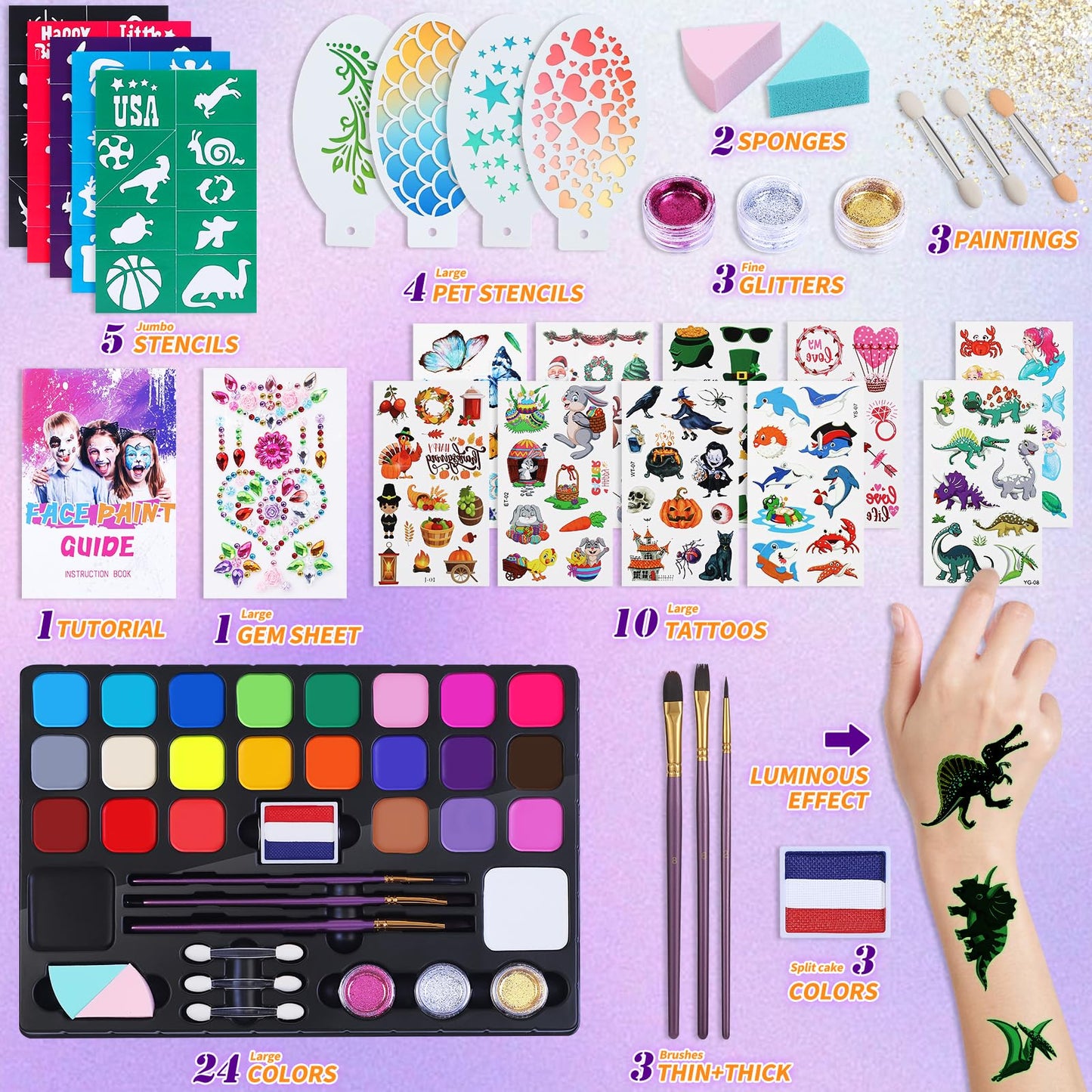 Face Painting Kit for Kids - 24 Colors Non-Toxic Face Paint Kit with Stencils & Paint Brush-Professional Body Makeup Kit for Parties,Birthdays,Halloween,Christmas