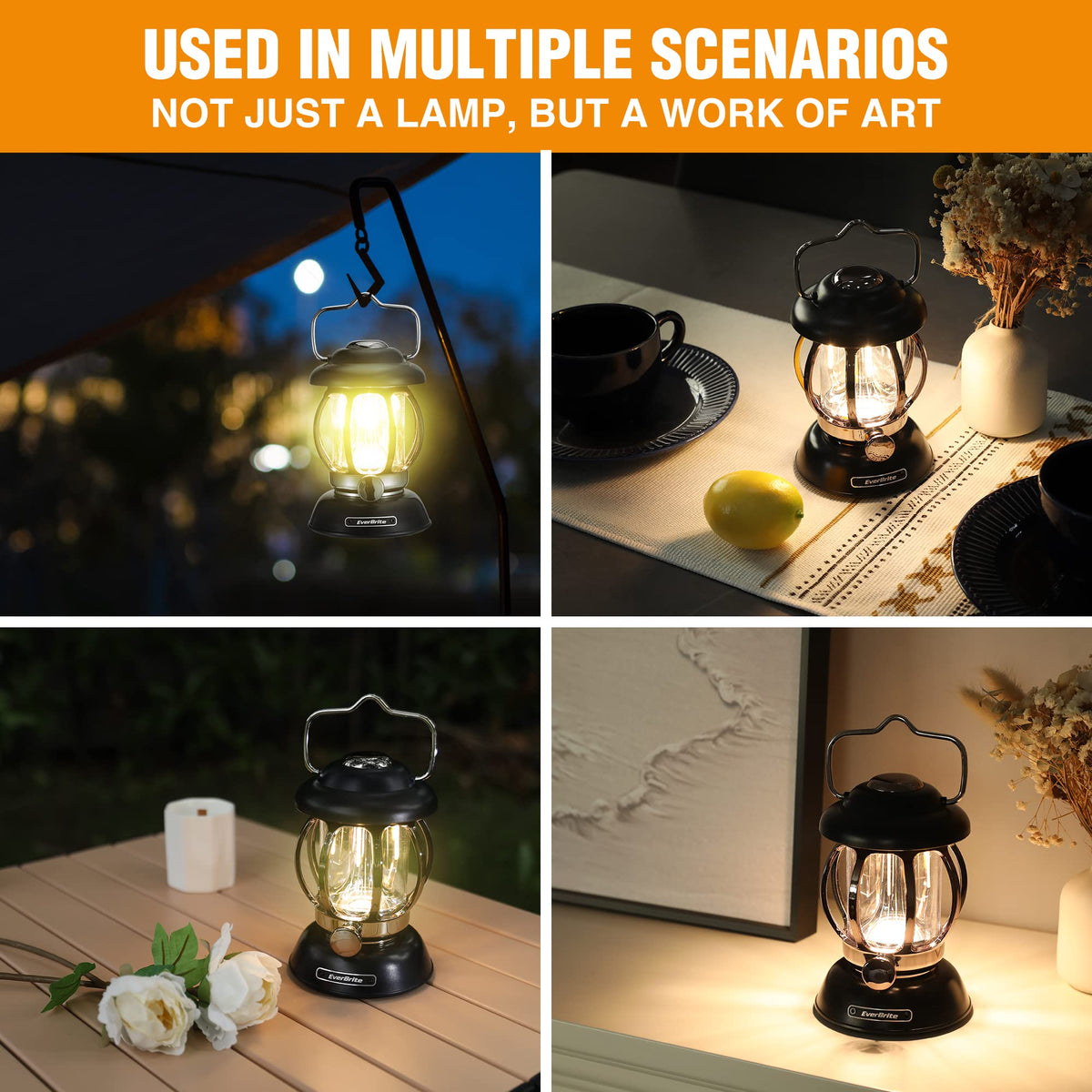 EverBrite Camping Lantern Rechargeable, Retro Metal Camping Light, 4400mAh Battery Powered Hanging Vintage Camping Lamp, 3 Light Modes, Outdoor Tent Light, Emergency Lantern for Power Outage - Black