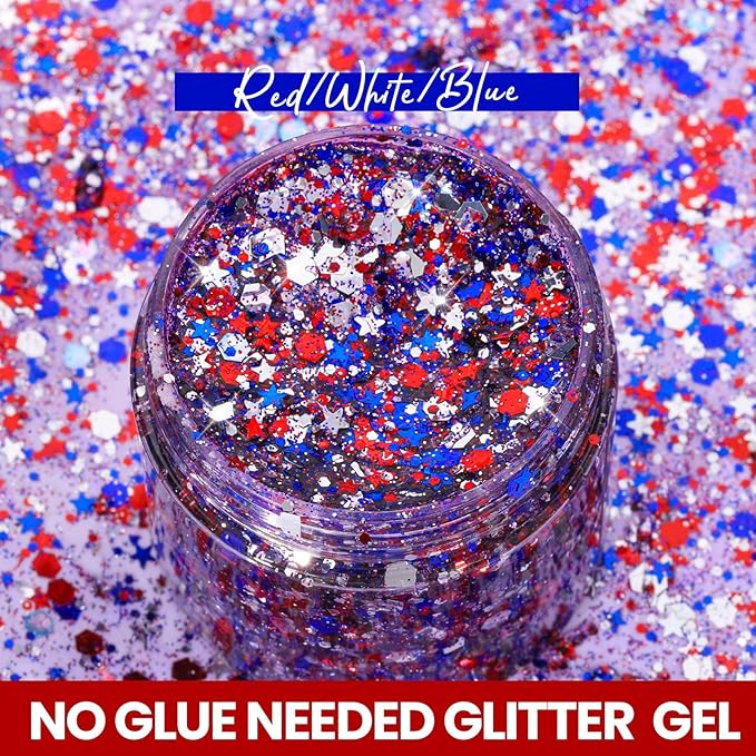 Teenitor 80g Red White and Blue Body Glitter Face Glitter Gel, 4th of July Accessories Hair Glitter for Kids, Fourth of July Outfits for Women, Red White and Blue Face Paint for USA Independence Day