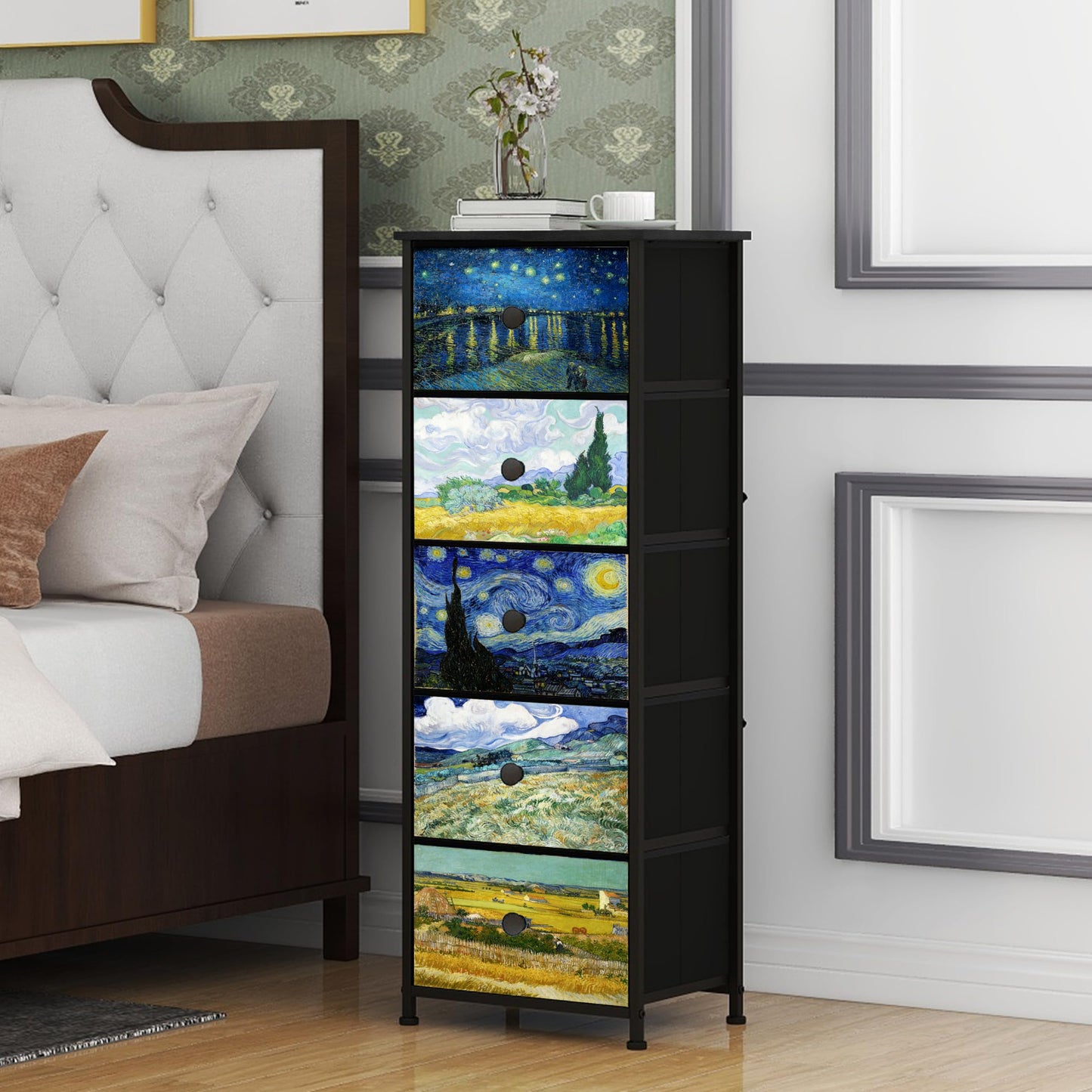 Welfuturer Dresser with 5 Drawers Narrow Tall Nightstand Van Gogh Dresser for Bedroom Fabric Drawer Organizer Unit for Living Room Entryway Hallway Closet Sturdy Steel Frame Wooden Top