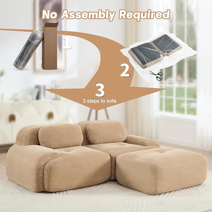 SoarFlash 81” Sectional Cloud Boneless Sofa Couches for Living Room-2 Seater L-Shaped Modern Lounge Couch-No Assembly Modular Corduroy Convertible Sponge Sleeper Sofas with Chaise for Home House,Camel
