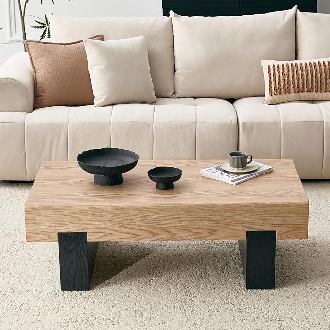 LKTART 46'' Rectangle Coffee Table for Living Room, Natural Wood Grain Pattern Thick Sturdy Legs Coffee Table with Storage for Dining Room Apartment Small Space (Natural Wood)
