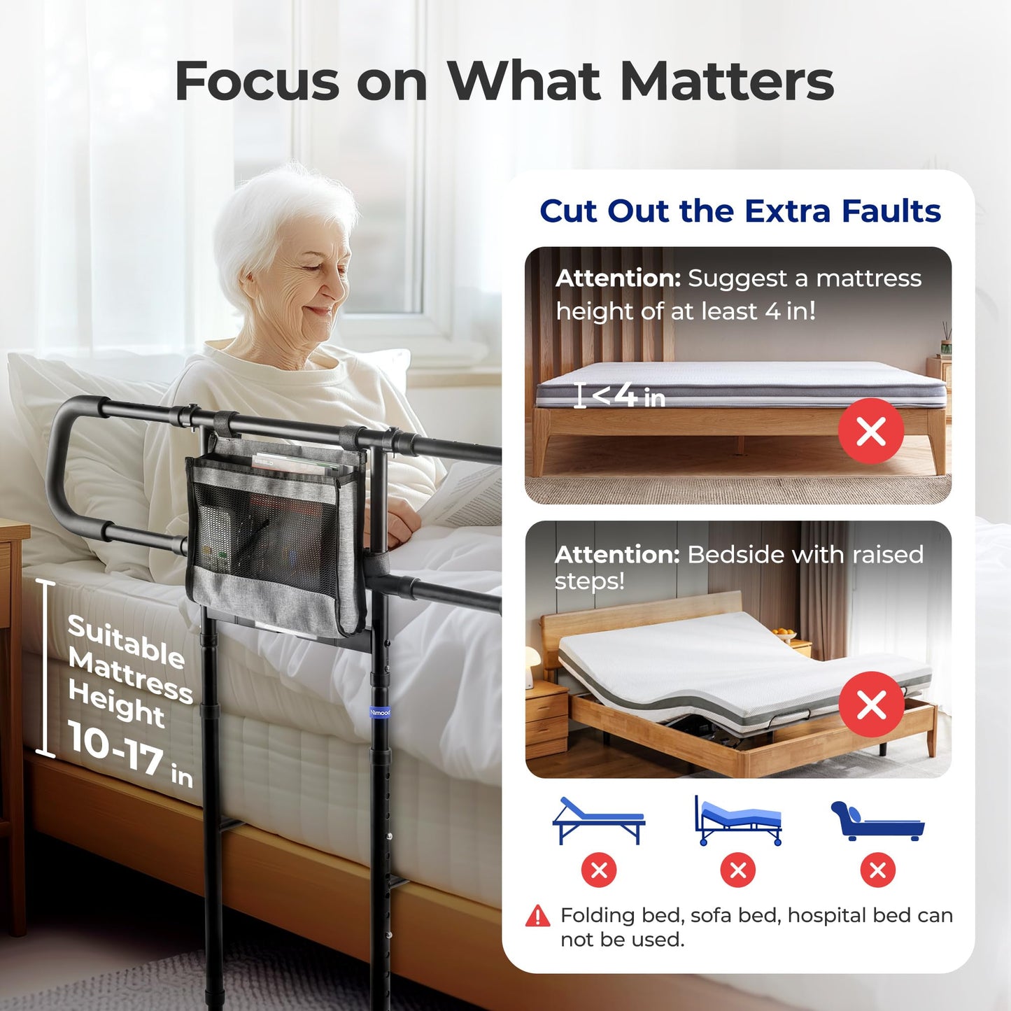 NIMOOD C4 PRO Bed Rails for Elderly Adults Safety with Extension Legs, Adjustable Heights Bed Cane with Widened Handrail, Stable Bed Assist Rails with LED Motion Light, Avoid Seniors Bedside Fall