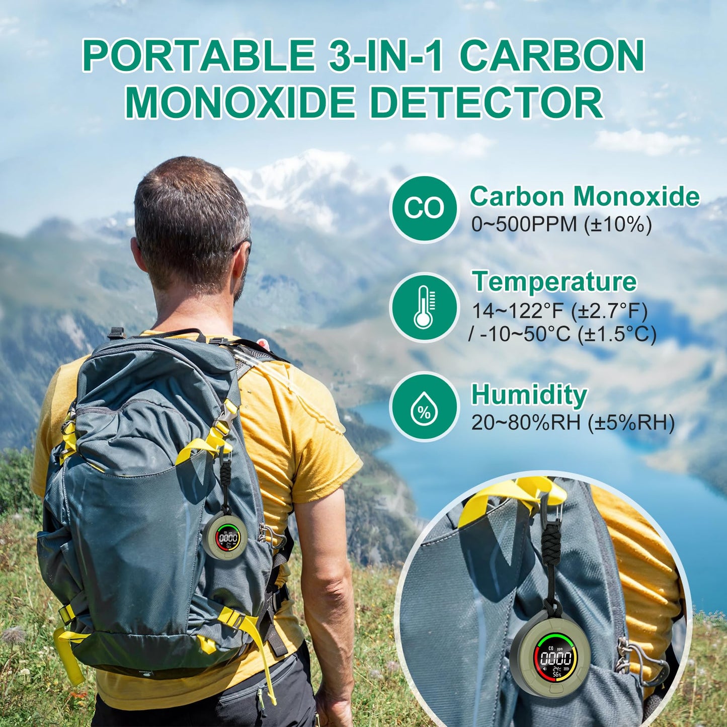 Lunarlipes Portable Carbon Monoxide Detector for Travel, Mini 3-in-1 Carbon Monoxide Monitor with Magnetic Suction, RV CO Detector Alarm Temp/Humidity Sensor, Rechargeable CO Monitor 120-140HR Standby