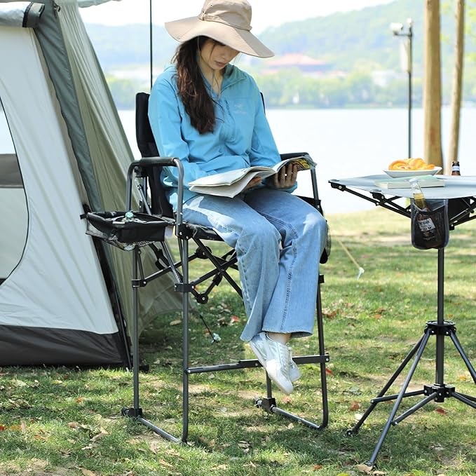 Stonehomy Tall Folding Directors Chairs & Adjustable Height Folding Table Set,Portable Outdoor Bar Table & Foldable Director Chairs with Makeup Pocket for Backyard,Beach,Travel with Storage Bag