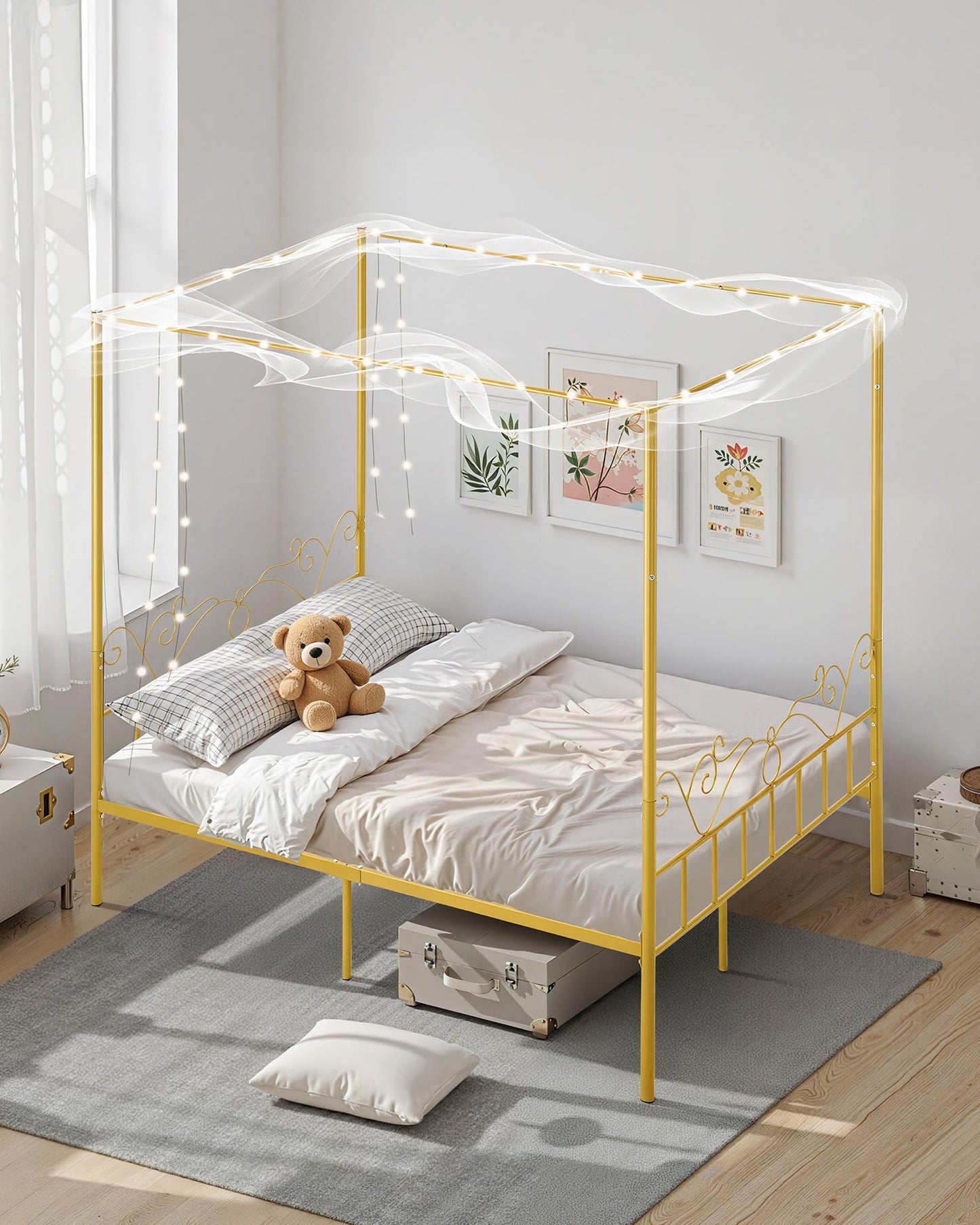 VEVOR Queen Size Canopy Bed Frame, Metal Canopy Bed with Minimalist Headboard & Four Posters Design, Heavy Duty Steel Slats Support, Underbed Storage Space, No Box Spring Needed, Easy Assembly, Gold