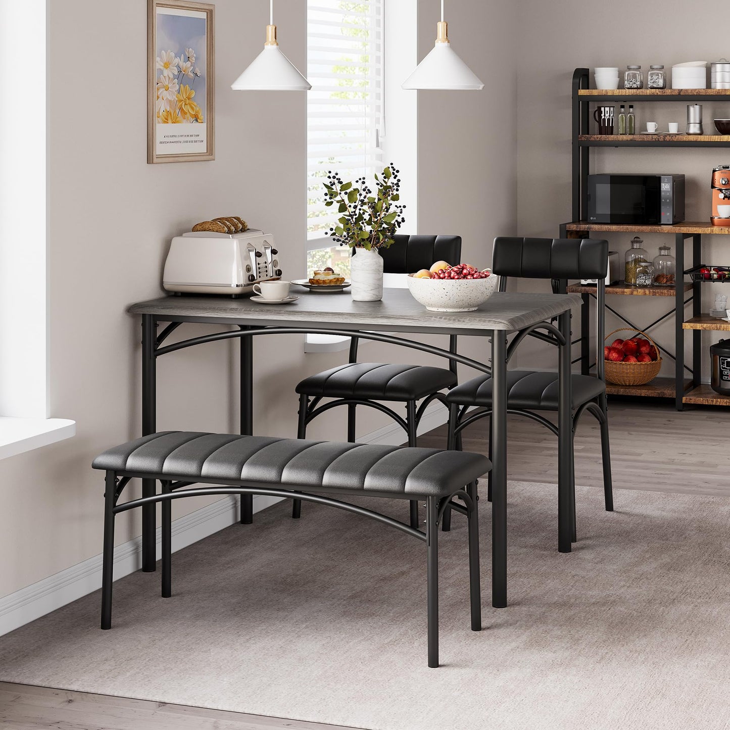 IDEALHOUSE Dining Table Set for 4, Kitchen Table with Chairs for 4, Rectangular Wood Dining Room Table Set with Upholstered Bench for Small Space, Dinner, Apartment, Retro Gray