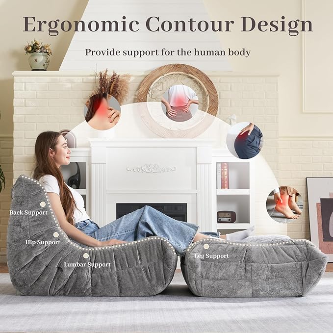 HABUTWAY Bean Bag Ottoman,Foot Rest,Fireside Chair Memory Foam Lazy Bean Bag Sofa for Living Room,Bedroom,Dorm,Office (Ottoman-Light Grey)