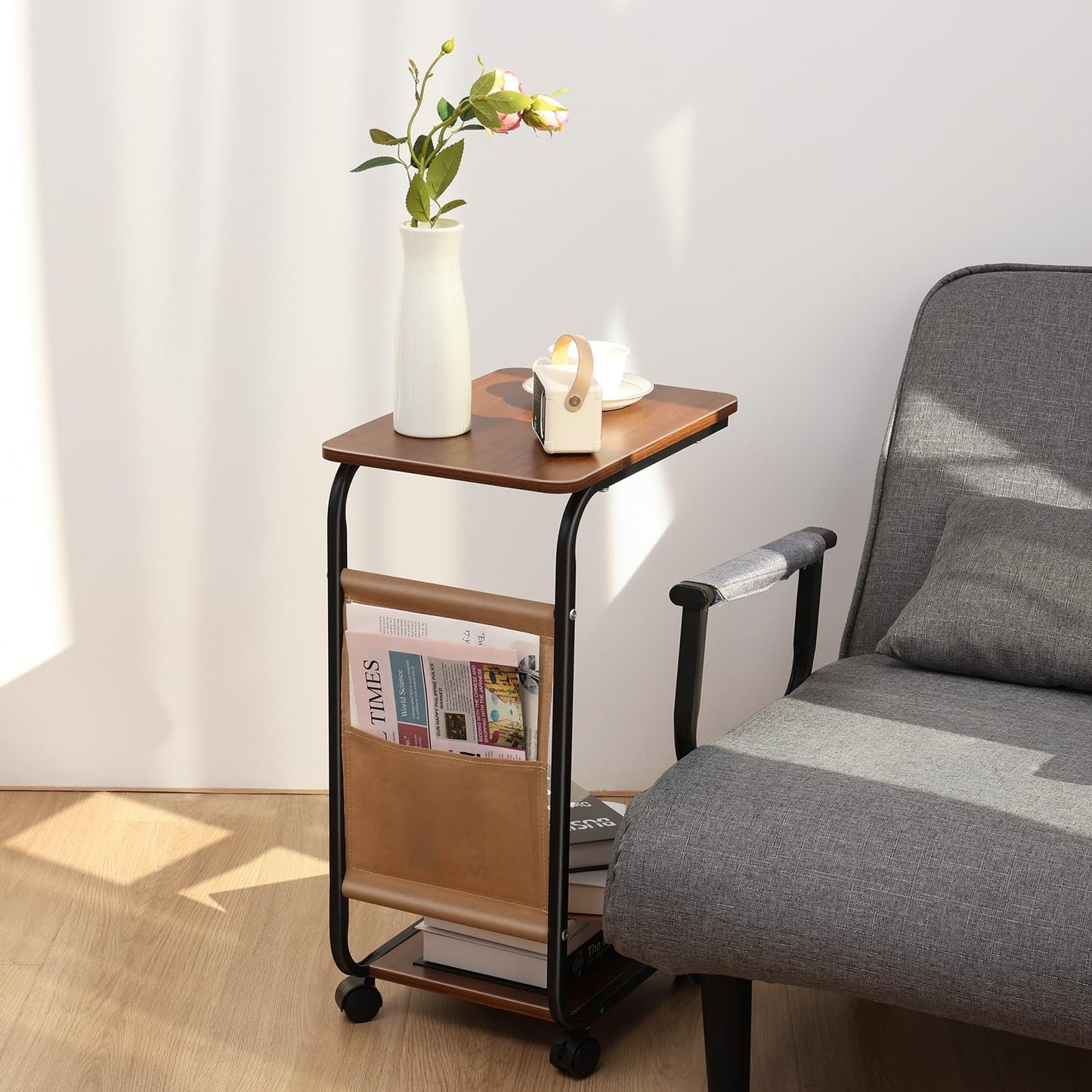 diowewea C Shaped End Table, Adjustable Height Side Table for Small Spaces, C Table with Wheels, Couch Table with Storage Shelf and Fabric Storage Bag, Side Table for Sofa Living Room Bedroom Brown