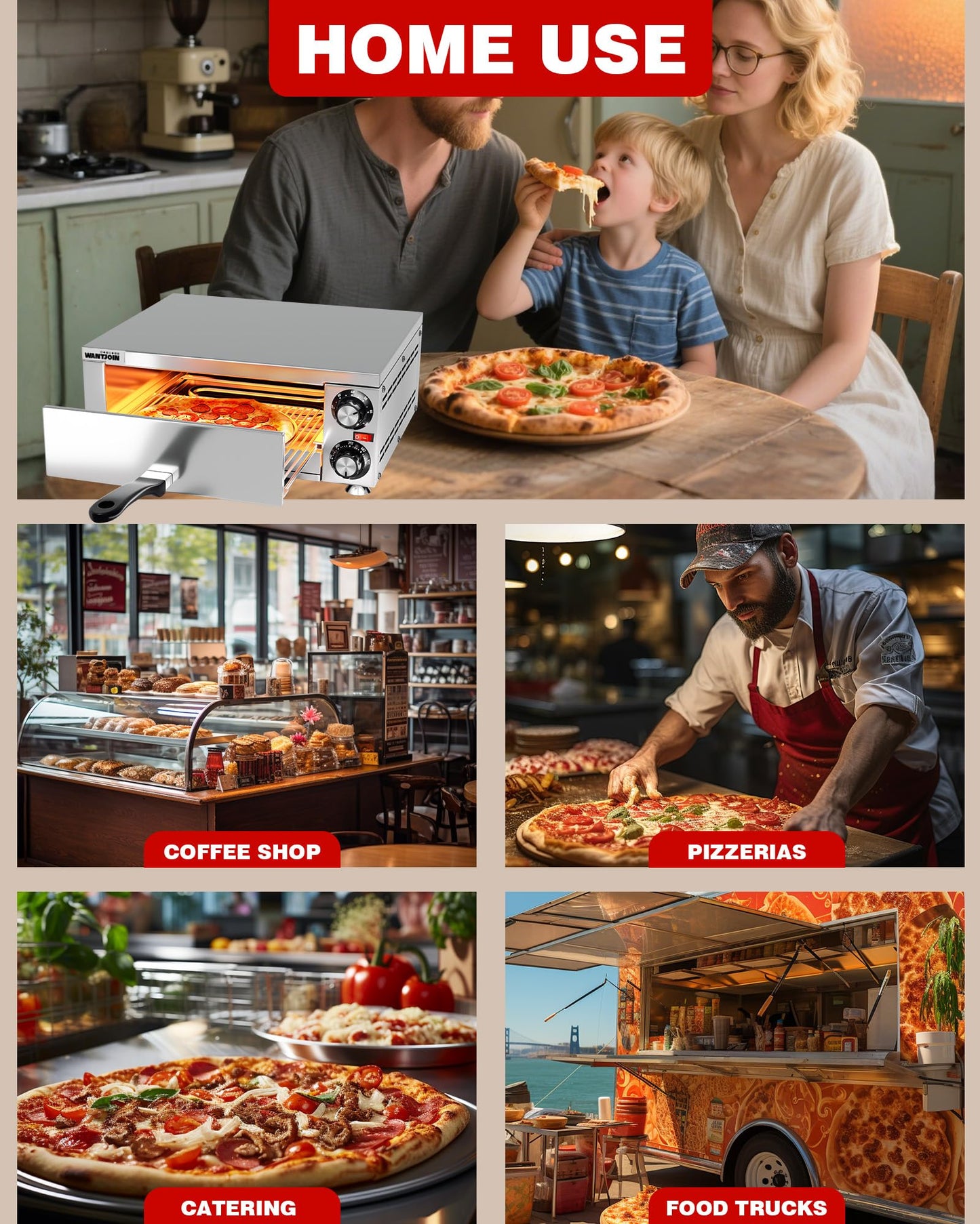 Wantjoin Pizza Oven Indoor - Electric Pizza Ovens Countertop Stainless Steel Commercial Pizza Maker Fits 12" Pizzas, With Timer Crumb Tray, 1100W, For Home, Bars, Food Trucks, Silver
