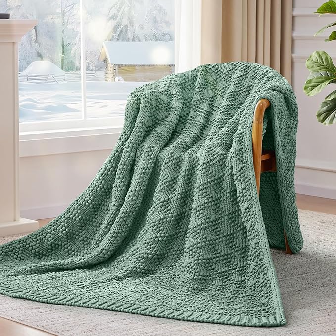 Knitted Weighted Blanket for Adult, Chunky Knit Weighted Throw for Sleep 60"*80" 12lbs, Cooling Breathable Machine Washable Heavy Blanket for Room Decor (HazeGreen, Queen)