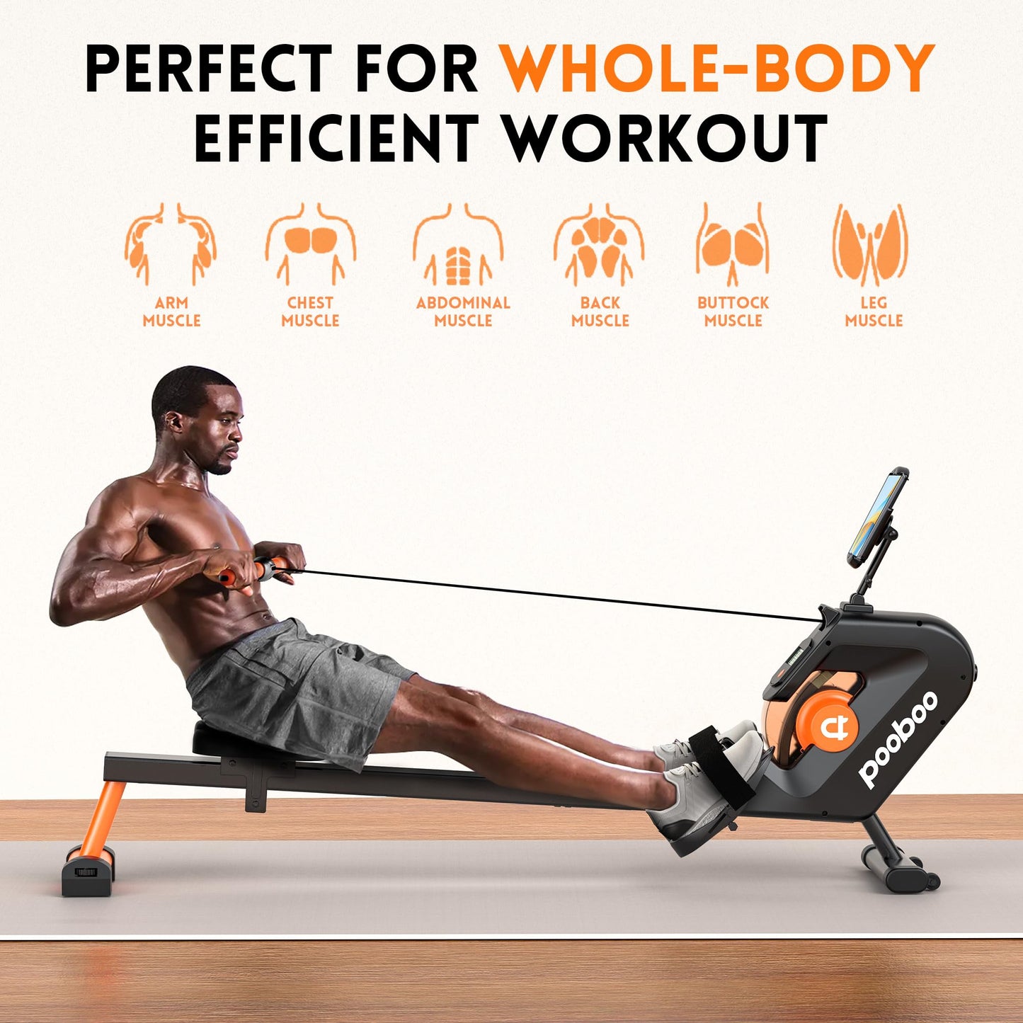pooboo Rowing Machine, Max 350 LBS Magnetic Rower with LCD Monitor, Tablet Holder, Upgraded Rowing Machines for Home use (Orange)